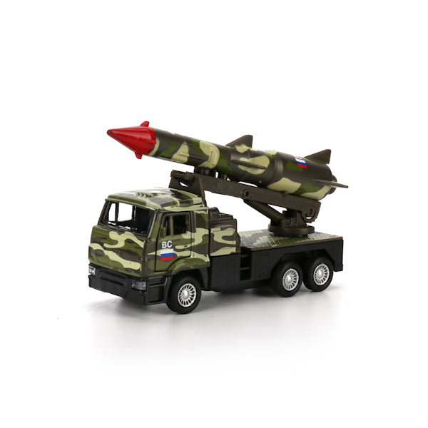 Машина металл KAMAZ с ракетой, 12 см, двери, подв.. дет., инер.,зел.кам.,кор Технопарк в кор.2*24шт