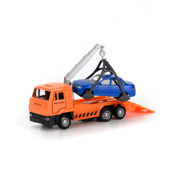 Машина металл KAMAZ ЭВАКУАТОР, 12 см,дв.,подв.дет.,инер.+машина 7,5 см, кор. Технопарк в кор.2*24шт