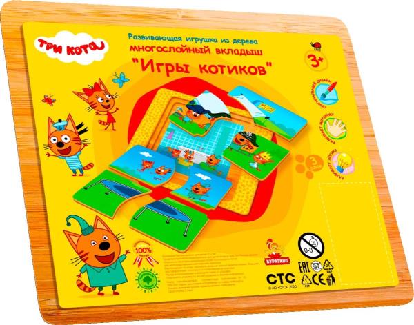 Игрушка деревянная Три Кота вкладыши многослойные, терм. пленка Буратино в кор.200шт