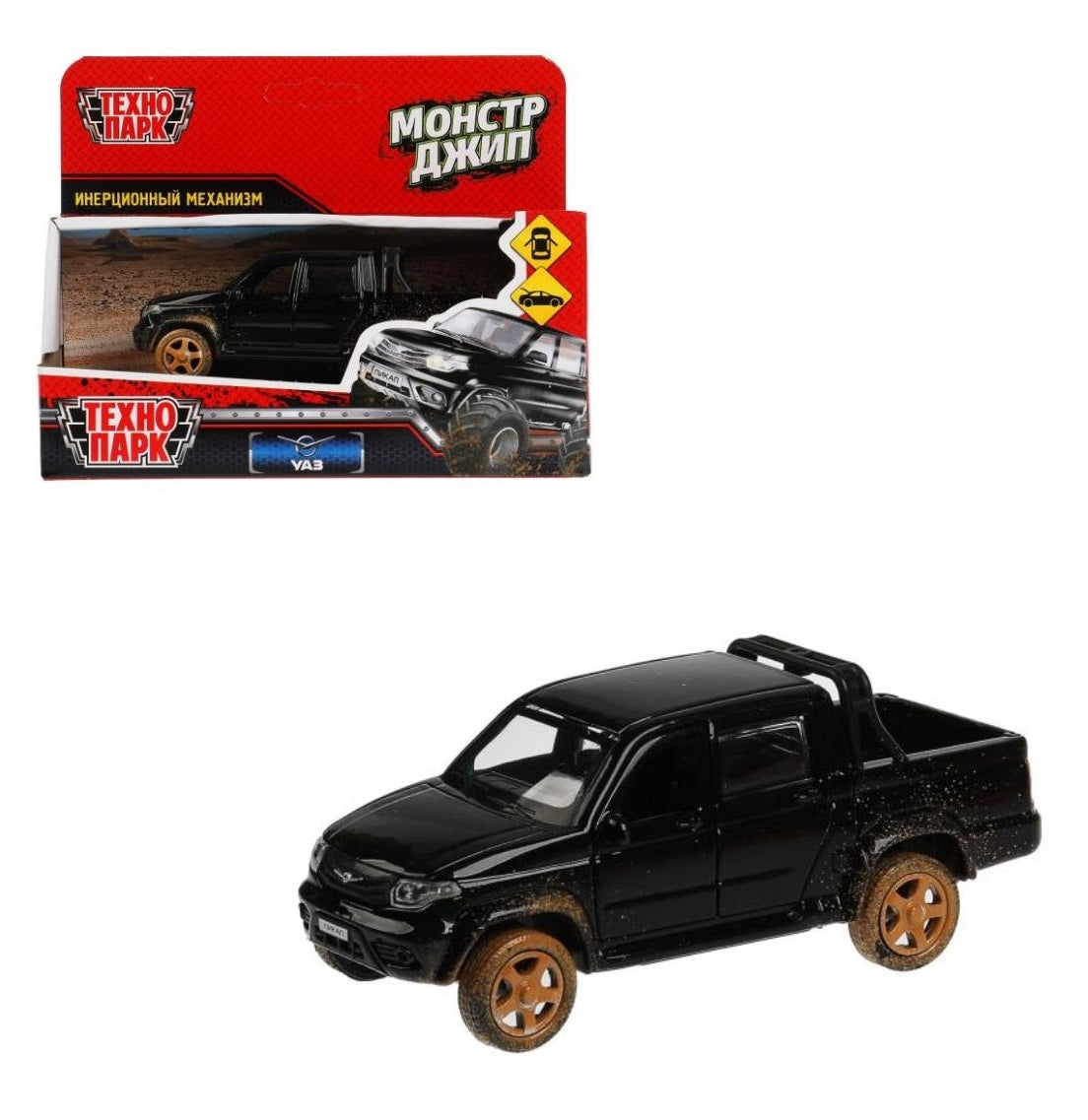 Машина металл "УАЗ" "uaz pickup грязь" дл 12 см, откр дв, багаж, инер, черный, в кор. ТМ "Технопарк"