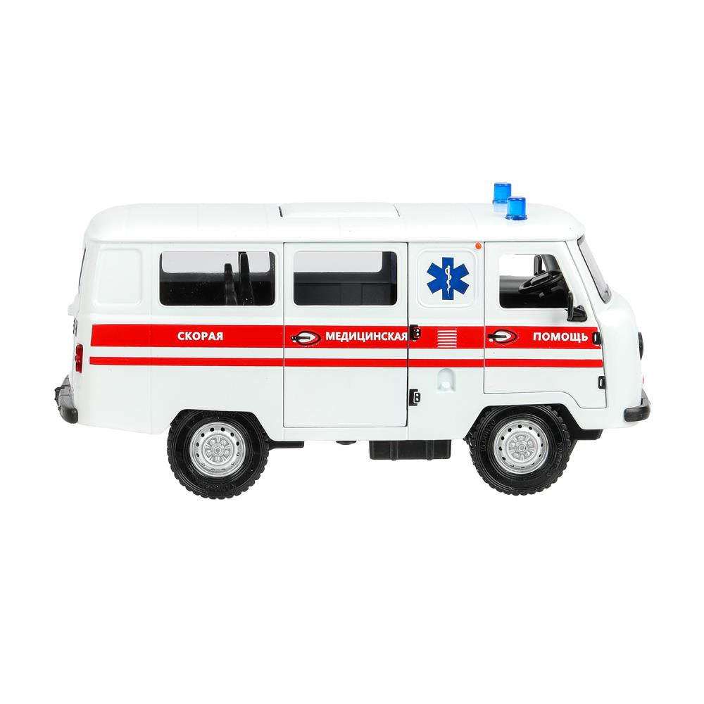 Машина металл свет-звук UAZ УАЗ 452 СКОРАЯ, 18,5 см, св-зв,дв,люк,баг,ин,бел Технопарк в кор.2*18шт