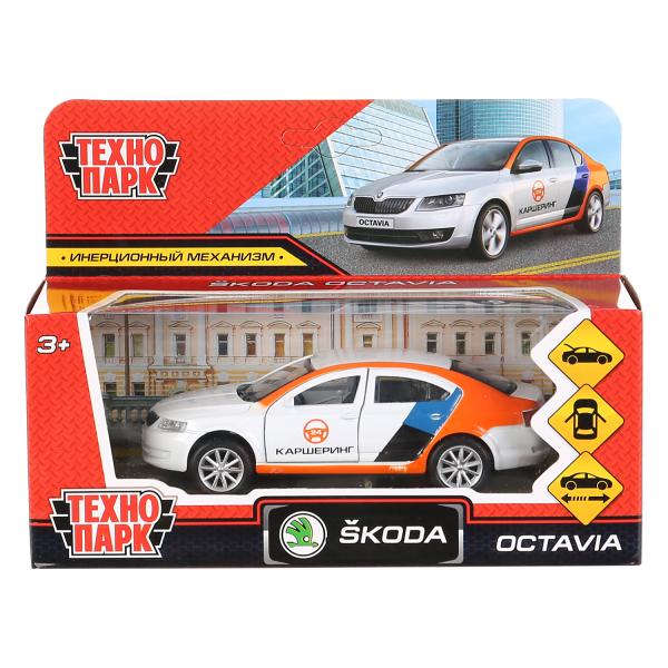 Машина металл "skoda octavia каршеринг" 12см, откр.двери, инерц., белый в кор. Технопарк в кор2*36шт