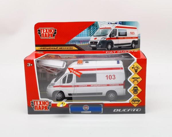 Машина металл свет-звук FIAT DUCATO СКОРАЯ 14 см, двер, ин, тележ, бел, кор. Технопарк в кор.2*36шт