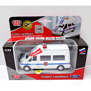 Машина металл свет-звук FORD transit 13 см, двери, багаж., инерц., кор. Технопарк в кор.2*24шт