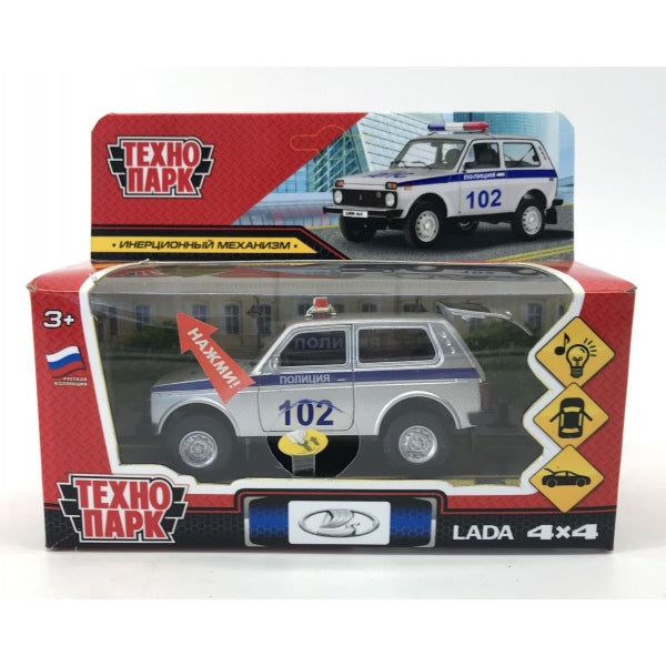 Машина металл свет-звук LADA 4x4 ПОЛИЦИЯ, 12 см, св-зв, двер, баг, ин., кор. Технопарк в кор.2*36шт