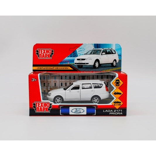 Машина металл "lada priora" длина 12 см, откр дв, багаж, инерц, белый, в кор. Технопарк в кор.2*36шт