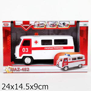 МАШИНА "ТЕХНОПАРК" ПЛАСТ. УАЗ 452 СКОРАЯ ПОМОЩЬ, СВЕТ+ЗВУК, ОТКРЫВ. ДВЕРИ В РУСС. КОР. в кор.2*12шт