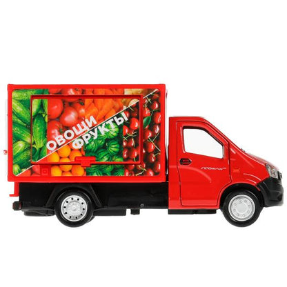 NEXTSHOP-15-FRU338047 Машина металл ГАЗЕЛЬ NEXT ФРУКТЫ 14 см, двер, прилав, инерц, красный, кор. Тех