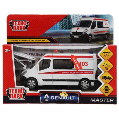 Машина металл свет-звук RENAULT master СКОРАЯ 14см, двер, тел, ин., бел,кор. Технопарк в кор.2*32шт