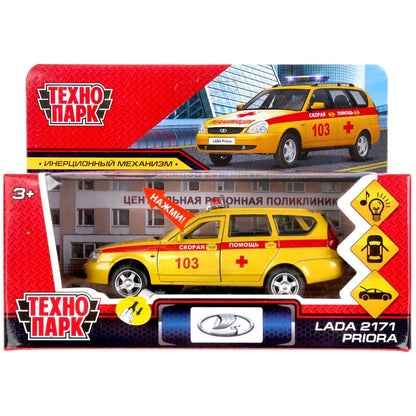 Машина металл свет-звук LADA PRIORA РЕАНИМАЦИЯ 12 см, двери, багаж, в кор. Технопарк в кор.2*36шт