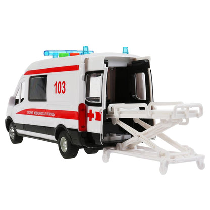 Машина свет+звук "ford transit скорая" 22,5см, пластик, инерц., белый в кор. Технопарк в кор.2*18шт