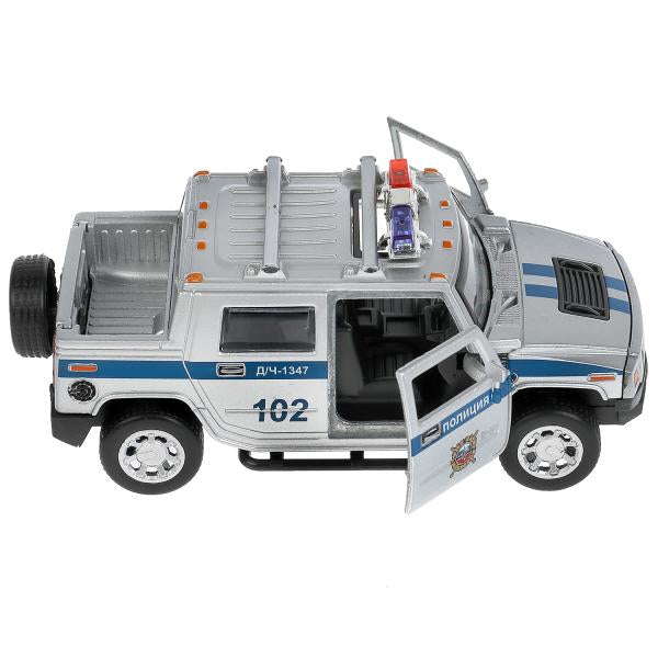 Машина металл свет-звук HUMMER H2 PICKUP ПОЛИЦИЯ 12 см, двери, багажн, кор. Технопарк в кор.2*36шт