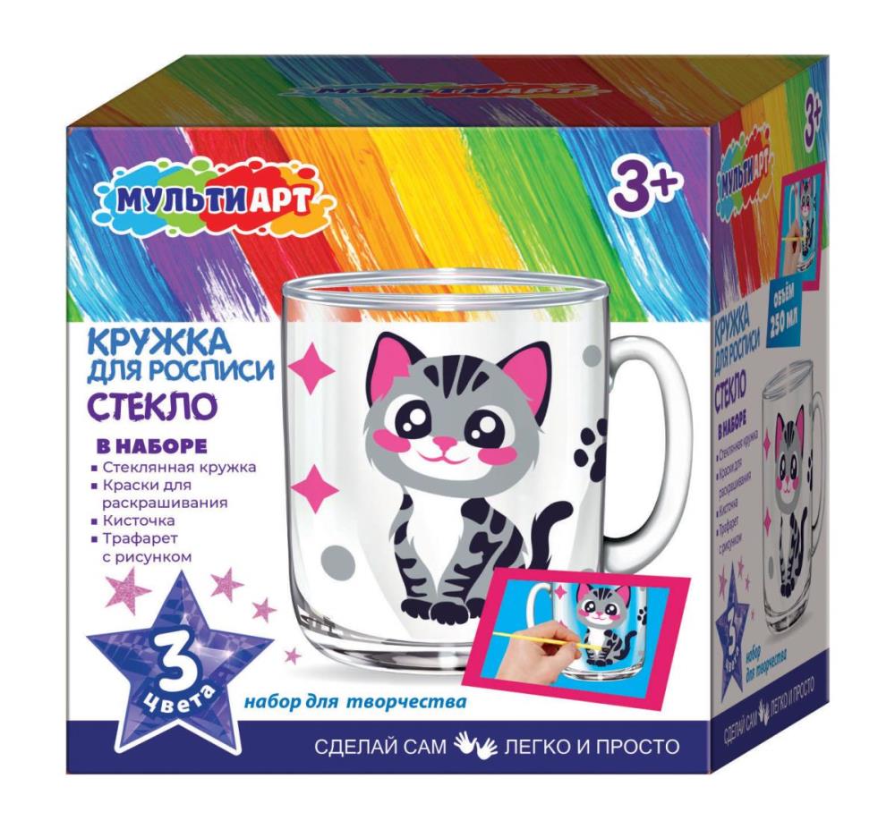 Набор д/дет тв-ва стеклянная кружка для росписи котик МУЛЬТИ АРТ в кор.30шт