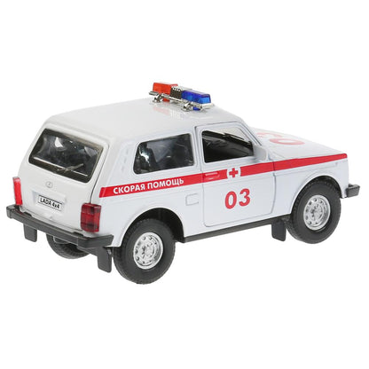 Машина металл свет-звук "LADA 4x4 СКОРАЯ" 12см, открыв. двери, инерц. в кор. Технопарк в кор.2*36шт