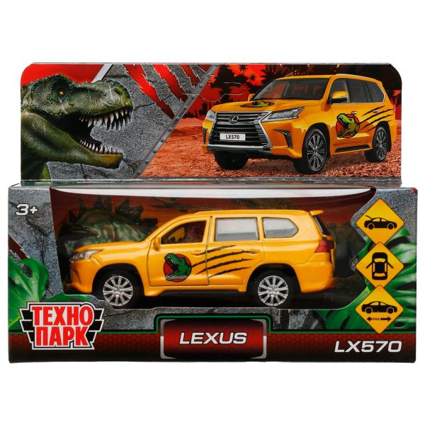 Машина металл LEXUS LX570 ДИНОЗАВРЫ 12 см, двери, багаж, инерц, желтый, кор. Технопарк в кор.2*36шт