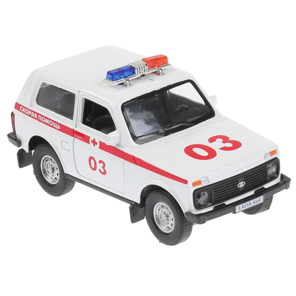 Машина металл свет-звук "LADA 4x4 СКОРАЯ" 12см, открыв. двери, инерц. в кор. Технопарк в кор.2*36шт