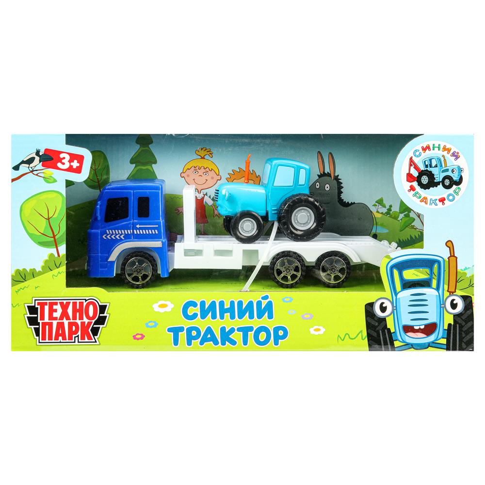 Машина металл СИНИЙ ТРАКТОР синий трактор с автоперевозчиком 7,5 см, синий Технопарк в кор.2*24шт