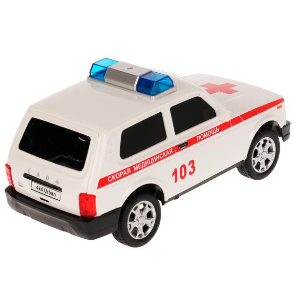 Машина пластик свет-звук LADA 4x4 URBAN СКОРАЯ 19,5 см, 2 кноп, инер, кор. Технопарк в кор.36шт