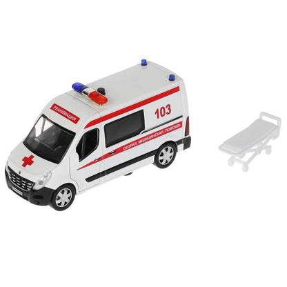 Машина металл свет-звук RENAULT master СКОРАЯ 14см, двер, тел, ин., бел,кор. Технопарк в кор.2*32шт