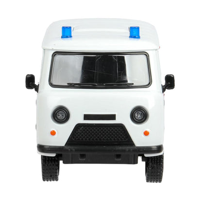 Машина металл свет-звук UAZ УАЗ 452 СКОРАЯ, 18,5 см, св-зв,дв,люк,баг,ин,бел Технопарк в кор.2*18шт