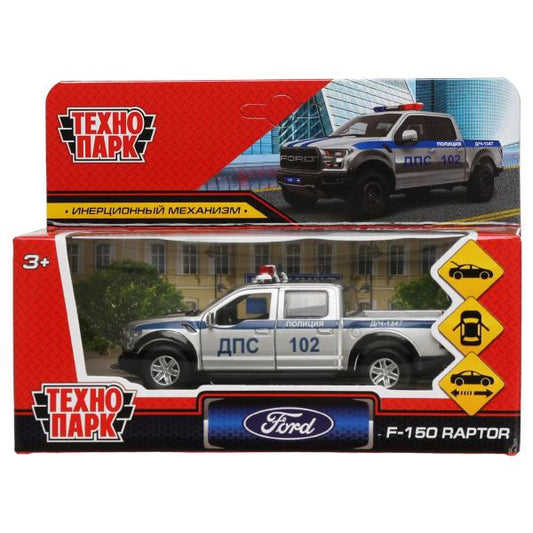 F150RAP-12POL-SR 326505 Машина металл FORD F150 RAPTOR ПОЛИЦИЯ 12 см, двери, багаж, ин, серебр, кор.