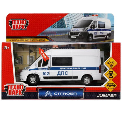 Машина металл свет-звук CITROEN JUMPER ПОЛИЦИЯ 14 см, двер, инер,белый, кор. Технопарк в кор.2*36шт