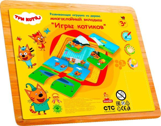 Игрушка деревянная Три Кота вкладыши многослойные, терм. пленка Буратино в кор.200шт