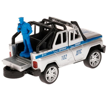 Машина металл свет-звук UAZ HUNTER ПОЛИЦИЯ 11,5 см, двери, фигурка, кор. Технопарк в кор.2*36шт