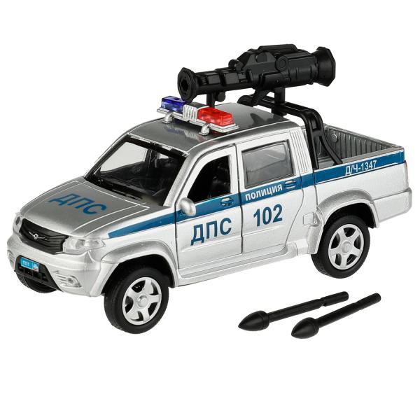 Машина металл UAZ PICKUP ПОЛИЦИЯ С ПУШКОЙ 13 см, двер, багаж, инерц, кор. Технопарк в кор.2*36шт