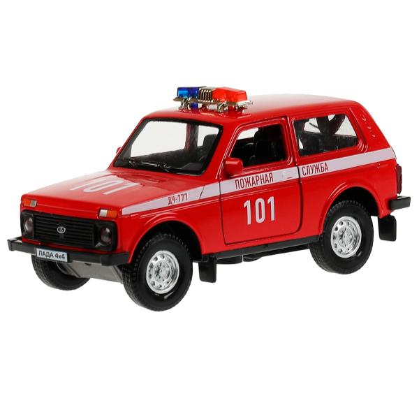Технопарк. Гараж "Пожарная часть" пластик 20,5 см, + машинка LADA 4x4, крас, арт.GARAGESMA-20PLFRI-L