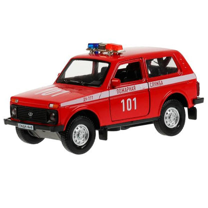 Технопарк. Гараж "Пожарная часть" пластик 20,5 см, + машинка LADA 4x4, крас, арт.GARAGESMA-20PLFRI-L
