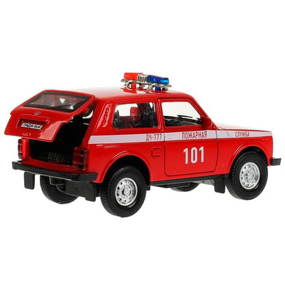 Технопарк. Гараж "Пожарная часть" пластик 20,5 см, + машинка LADA 4x4, крас, арт.GARAGESMA-20PLFRI-L