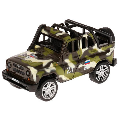 Машина металл UAZ HUNTER beach ВОЕННЫЙ, 11,5 см, откр дв, багаж., ин., кор. Технопарк в кор.2*36шт