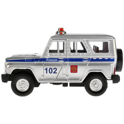 ТМ Технопарк. Машина металл "UAZ HUNTER ПОЛИЦИЯ" 12см, свет+звук, открыв. двери, инерц. в кор.2*36шт