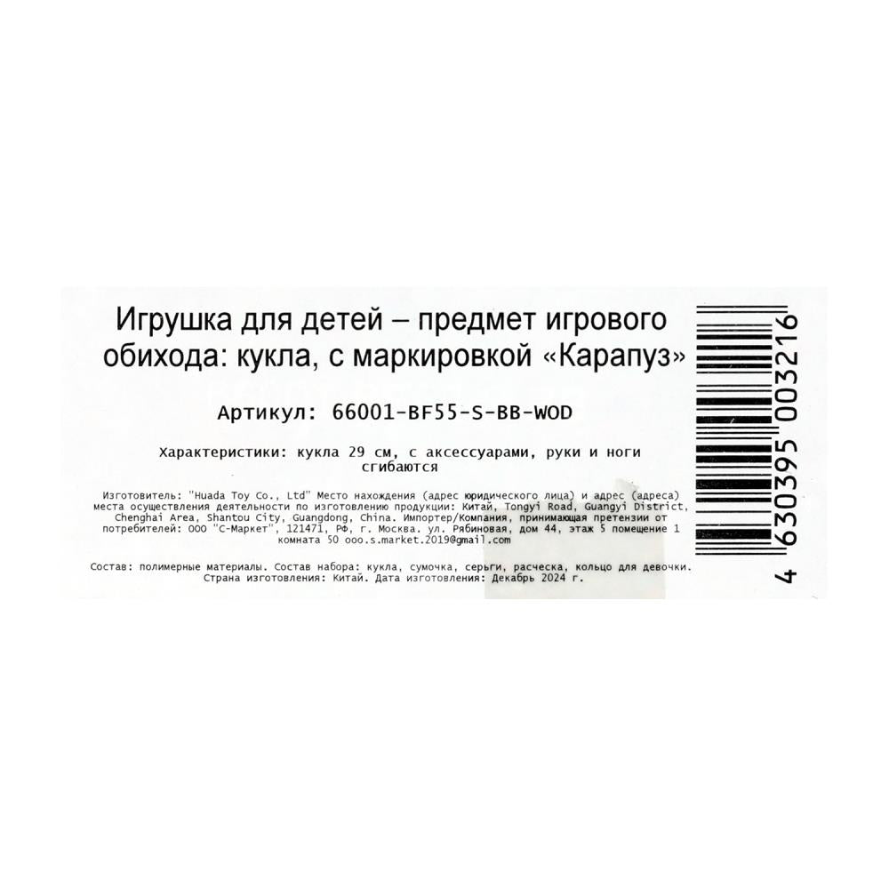 Кукла 29см София, руки и ноги сгиб., акс, кор КАРАПУЗ в кор.24шт