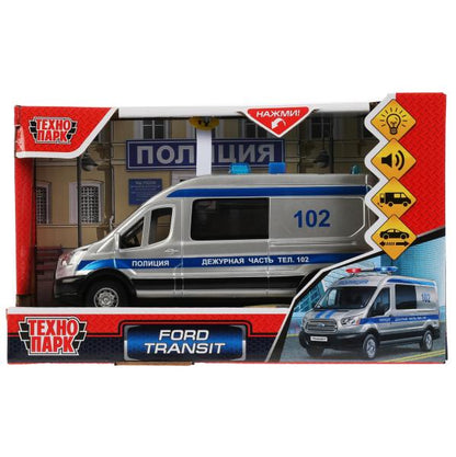 Машина пластик свет-звук FORD TRANSIT ПОЛИЦИЯ 16 см, двери, 3 кнопки, кор. Технопарк в кор.2*36шт