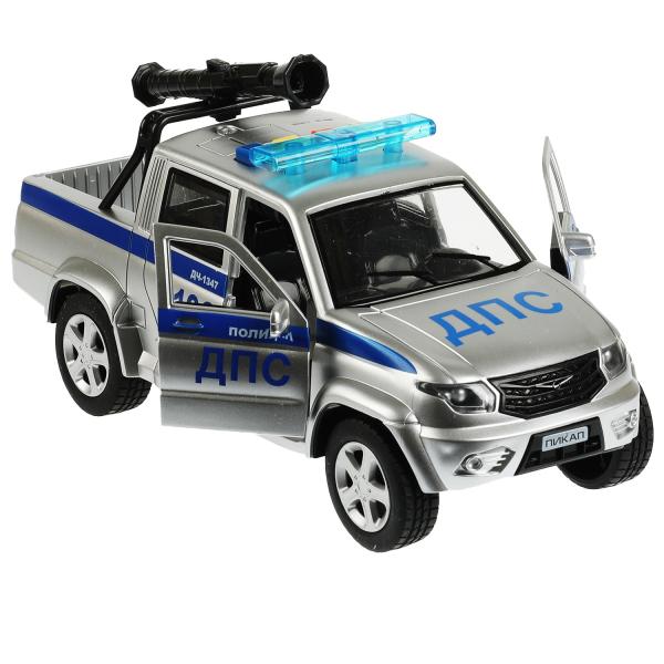 Машина пластик свет-звук UAZ PICKUP ПОЛИЦИЯ 22 см, 4 кнопки, пушка, кор. Технопарк в кор.2*18шт