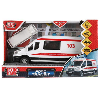 Машина пластик свет-звук FORD TRANSIT СКОРАЯ 16 см, двери, 3 кнопки, кор. Технопарк в кор.2*36шт