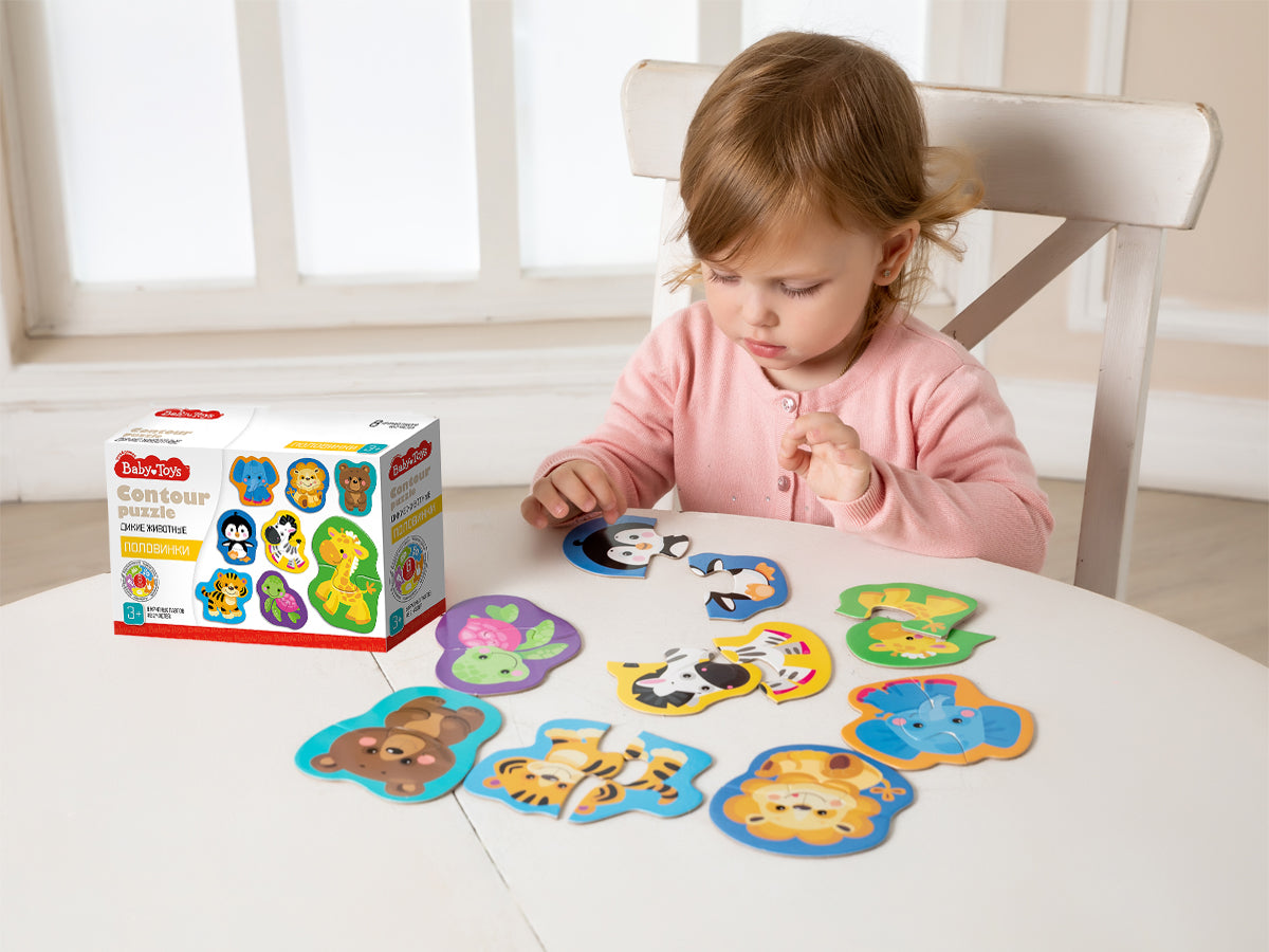 Пазлы контурные Половинки "Дикие животные" Baby Toys (8 карт. 16 эл)