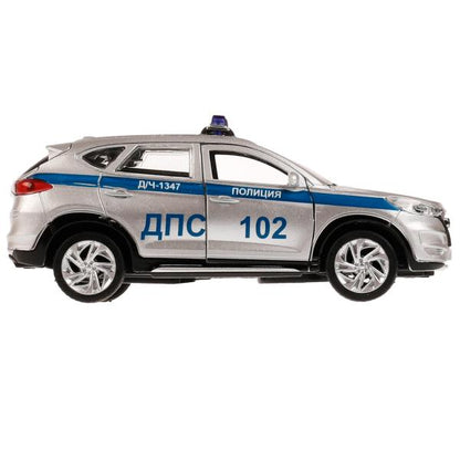 Машина металл свет-звук HYUNDAI TUCSON ПОЛИЦИЯ 12 см, двер, баг, инер, кор. Технопарк в кор.2*36шт