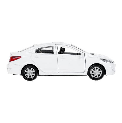 Машина металл HYUNDAI SOLARIS, 12 см, двери, багажн, инерц, белый, кор. Технопарк в кор.2*36шт