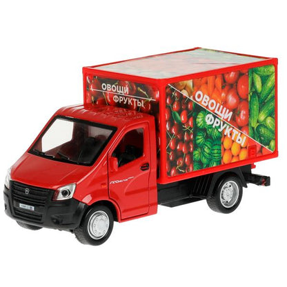 NEXTSHOP-15-FRU338047 Машина металл ГАЗЕЛЬ NEXT ФРУКТЫ 14 см, двер, прилав, инерц, красный, кор. Тех