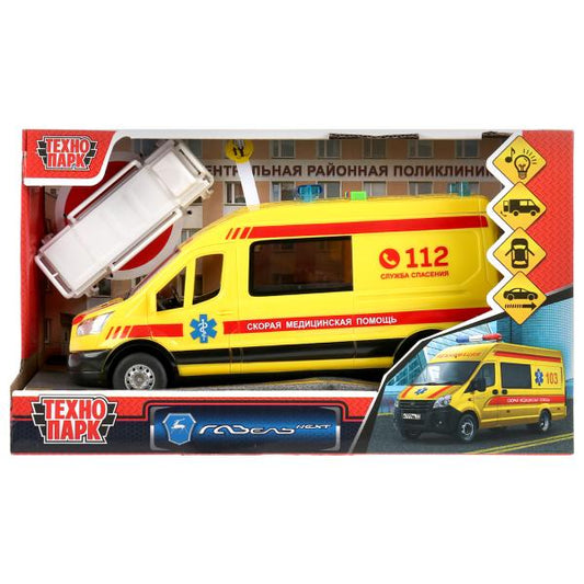 Машина свет+звук "ford transit реанимация" 22,5см, пластик, откр.двери, инерц. Технопарк в кор2*18шт
