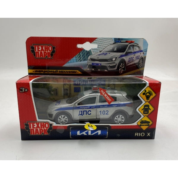 Машина металл свет-звук KIA RIO X ПОЛИЦИЯ 12 см, двер, баг, ин, серебр, кор. Технопарк в кор.2*36шт