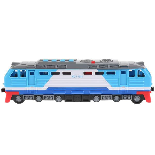 LOCO-30PL-BU Модель пластик свет-звук ТЕПЛОВОЗ 30 см, двери, 4 кноп, инер, синий, кор. Технопарк в к