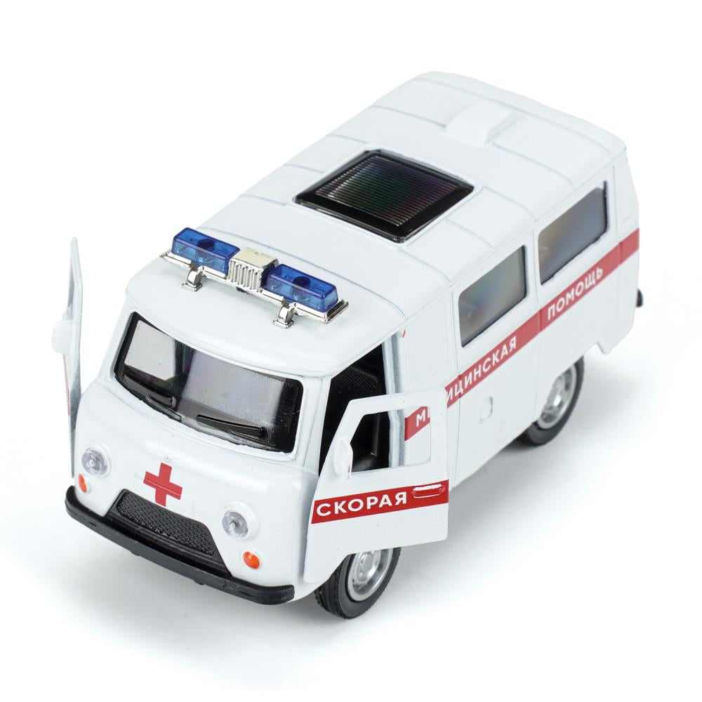 Машина металл свет-звук уаз-452 "буханка" СКОРАЯ 10,5 см, двери, инерц, кор. Технопарк в кор.2*36шт