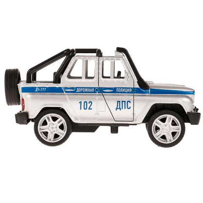 Машина металл свет-звук UAZ HUNTER ПОЛИЦИЯ 11,5 см, двери, фигурка, кор. Технопарк в кор.2*36шт