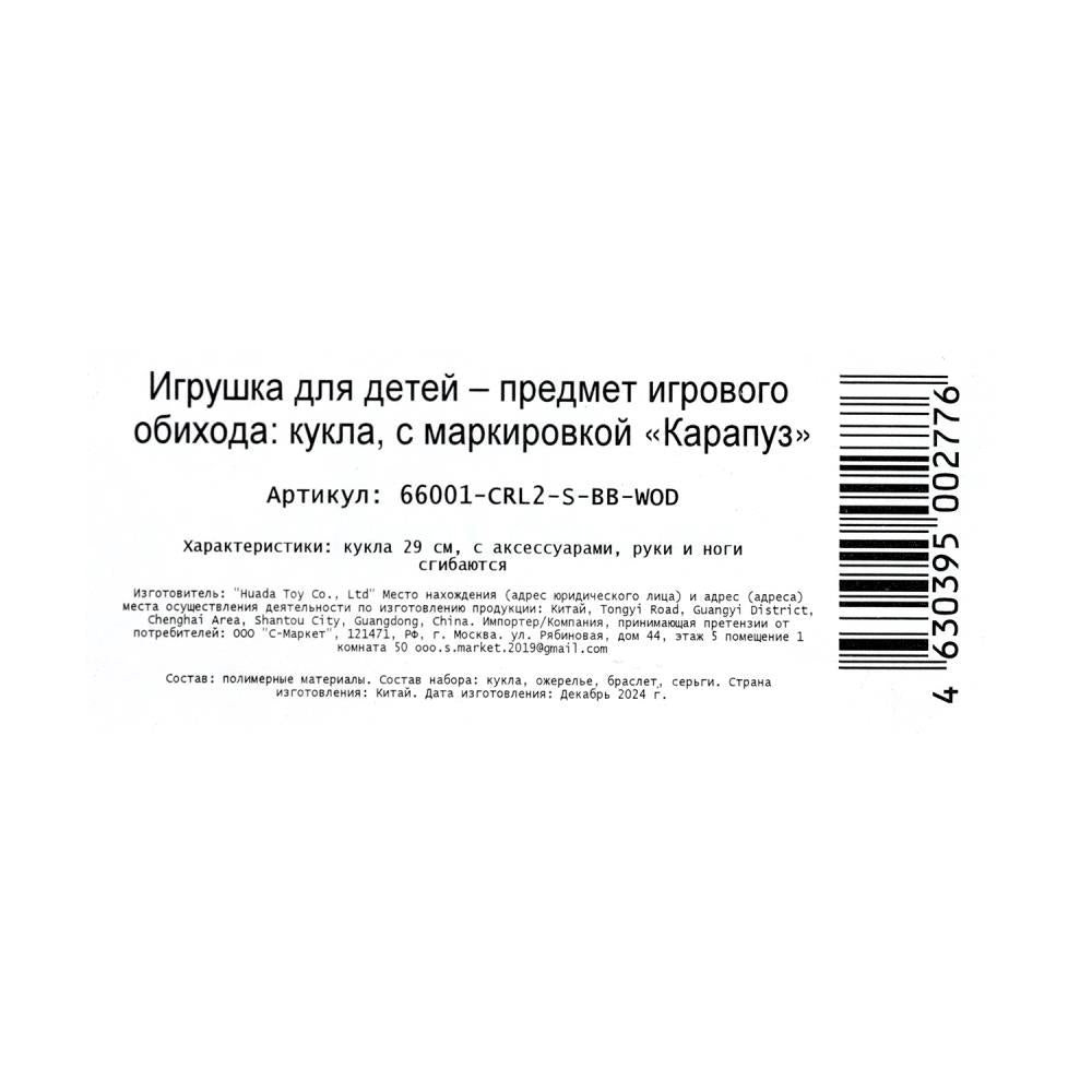 Кукла 29см София, руки и ноги сгиб., акс, кор КАРАПУЗ в кор.24шт
