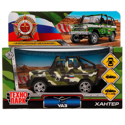 Машина металл UAZ HUNTER beach ВОЕННЫЙ, 11,5 см, откр дв, багаж., ин., кор. Технопарк в кор.2*36шт