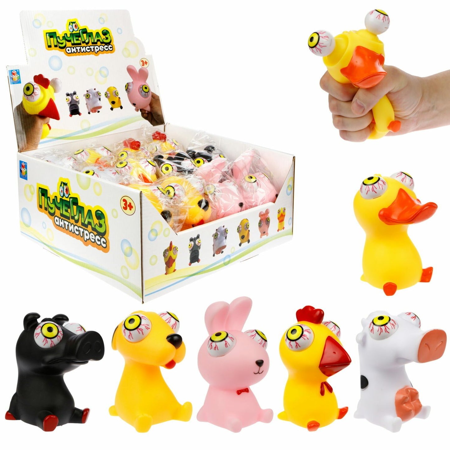 Т23224, 1toy Пучеглаз-антистресс "Животные" 8,4х7,6х9,6см, 6 видов в асс., 12 шт. в д/б
